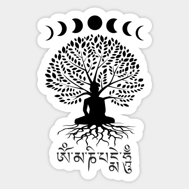 Moon Phases Buddha Om Mani Padme Hum Tree of Life Sticker by TammyWinandArt